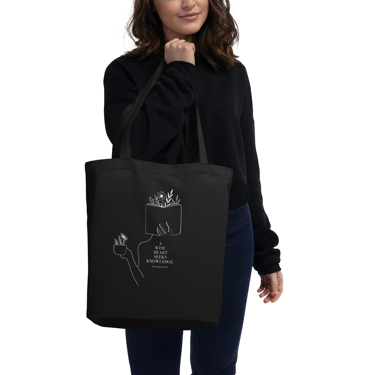 Proverbs 15:14 "A Wise Heart Seeks Knowledge" Christian 100% Organic Cotton Eco Tote Bag