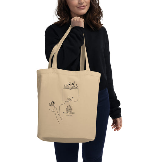 Proverbs 15:14 "A Wise Heart Seeks Knowledge" Christian 100% Organic Cotton Eco Tote Bag