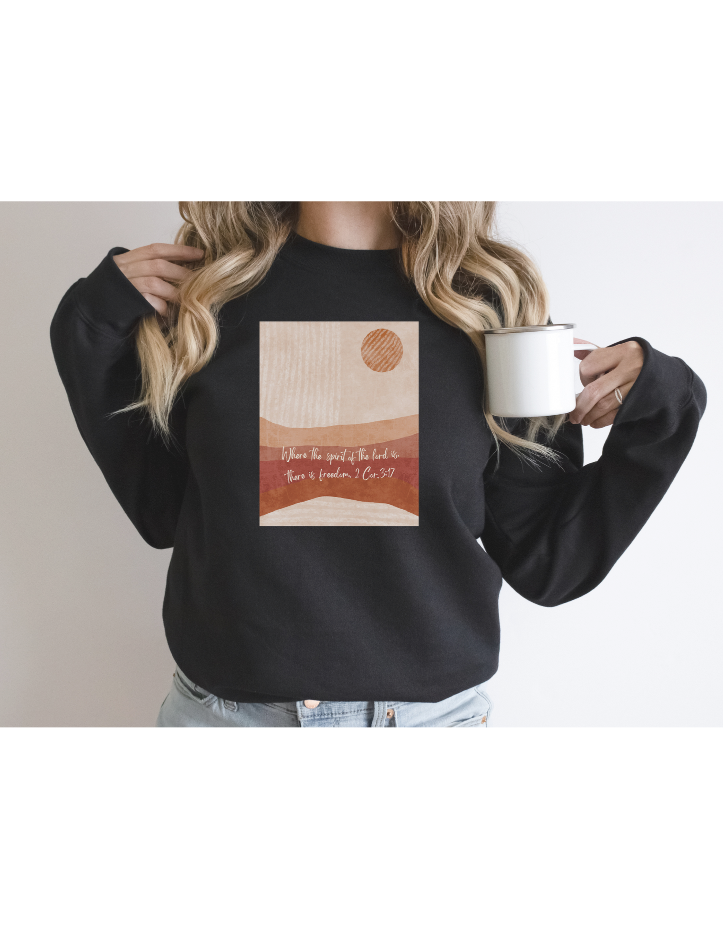 2 Cor. 3:17  Boho Earthy Sunrise Graphic Sweatshirt, Faith, Christian,