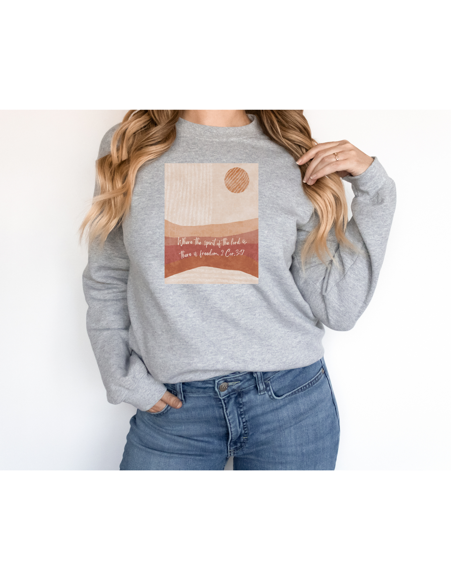 2 Cor. 3:17  Boho Earthy Sunrise Graphic Sweatshirt, Faith, Christian,