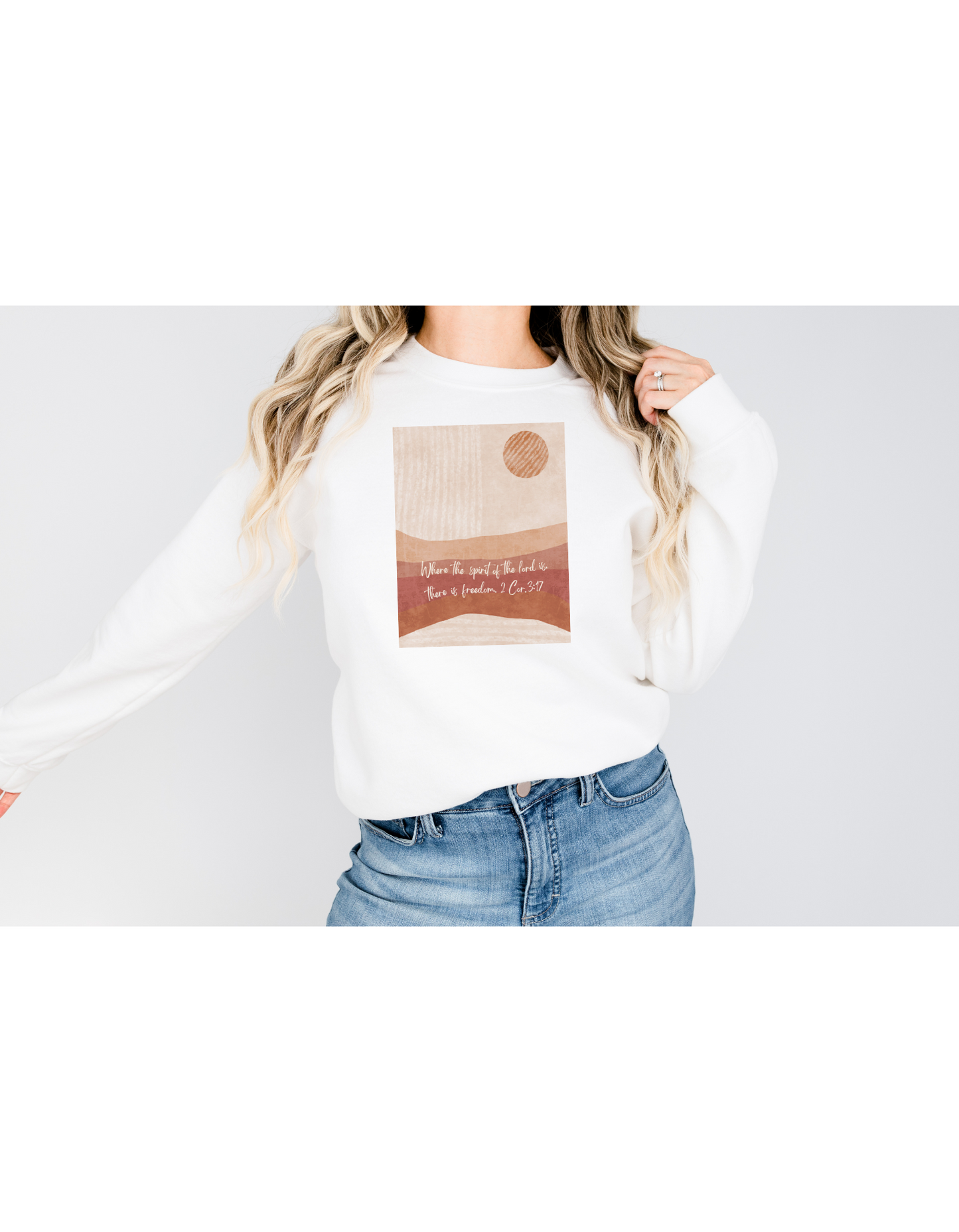 2 Cor. 3:17  Boho Earthy Sunrise Graphic Sweatshirt, Faith, Christian,