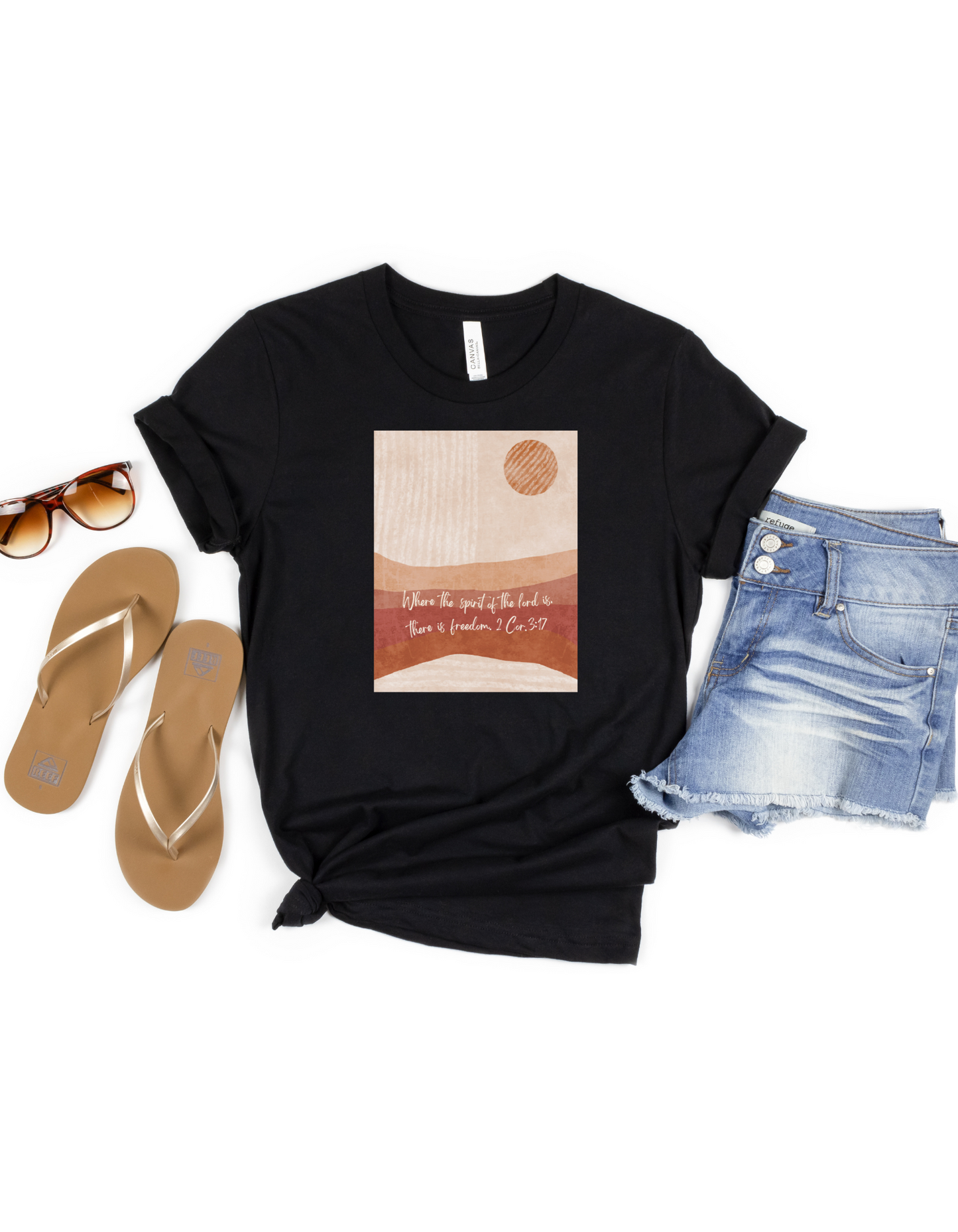 2 Cor. 3:17  Boho Earthy Sunrise Graphic T-shirt, Faith, Christian